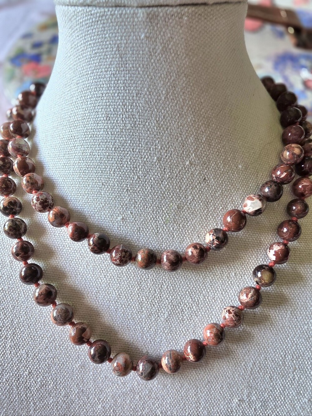 Red Brecciated Jasper Necklace.  Hand Knotted Between Each Bead.  32 Inches